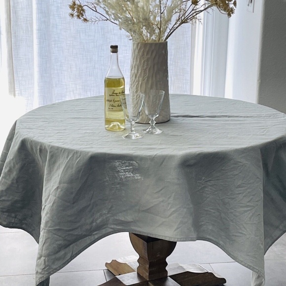 100% BELGIAN LINEN TABLECLOTH, 65" X 65" SQUARE, FOG GRAY PALE BLUE, VINTAGE - Picture 1 of 6